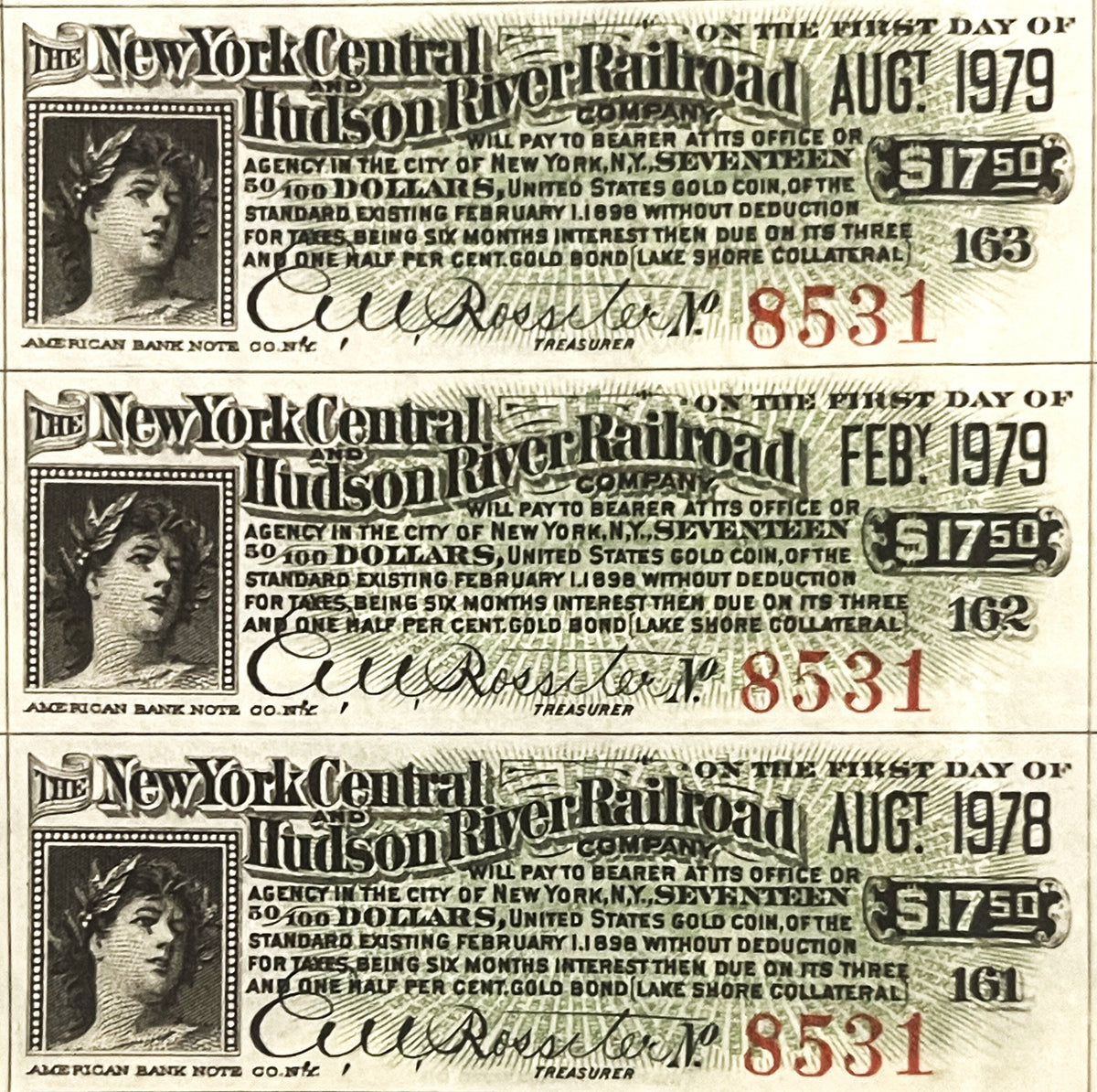 Antique 1898 New York Central & Hudson River Railroad Gold Bond š Lake Shore Collateral Certificate