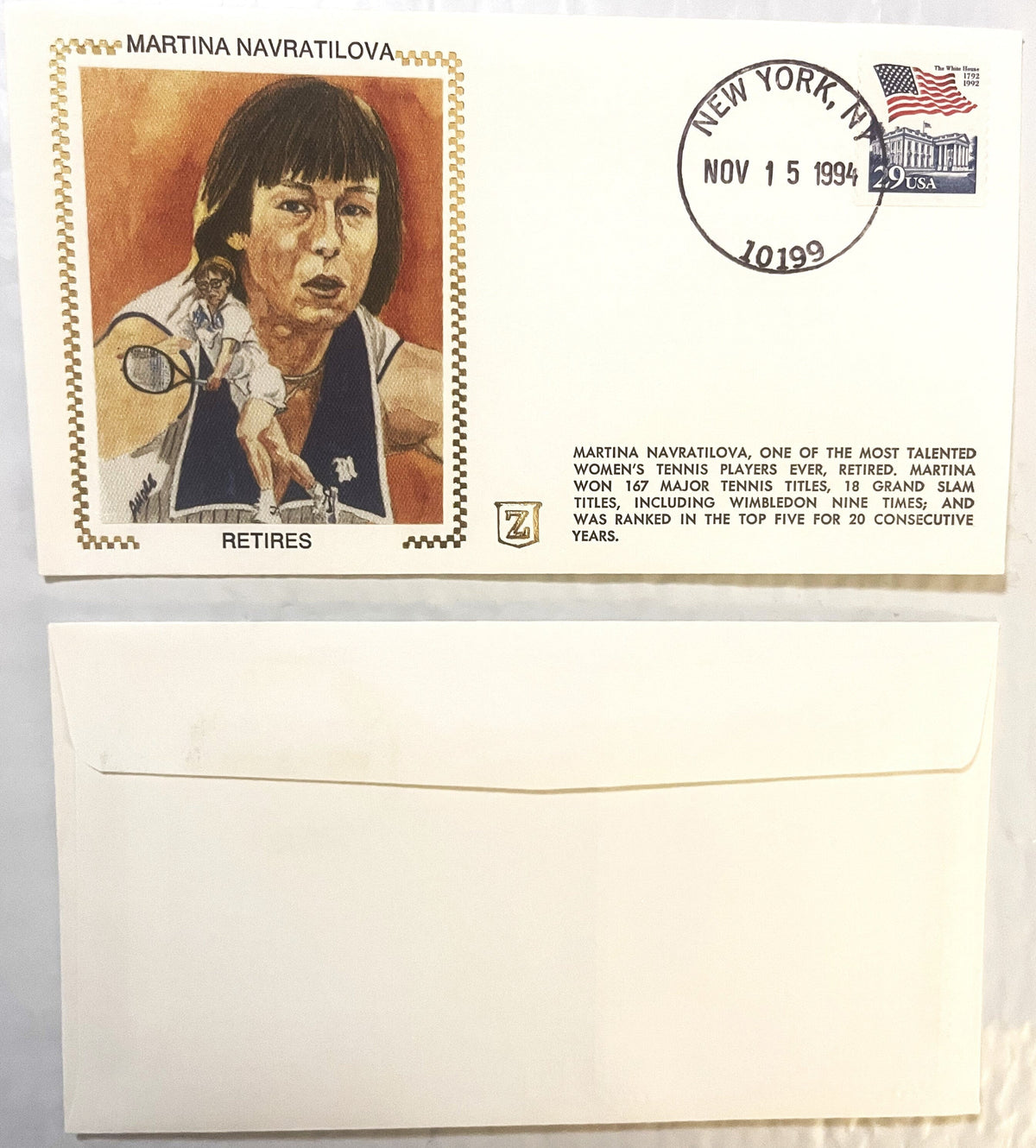 Vintage 1994 Martina Navratilova Retires Tennis Embossed Stamped Envelope! ✉️