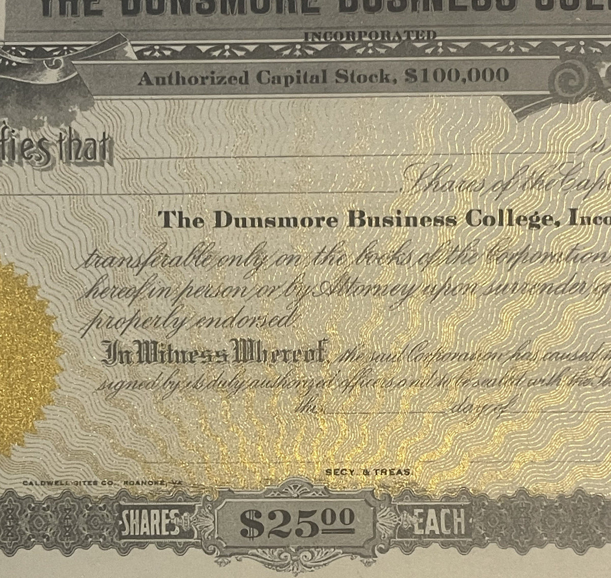 Antique Dunsmore Business College Stock Certificate from 1900s