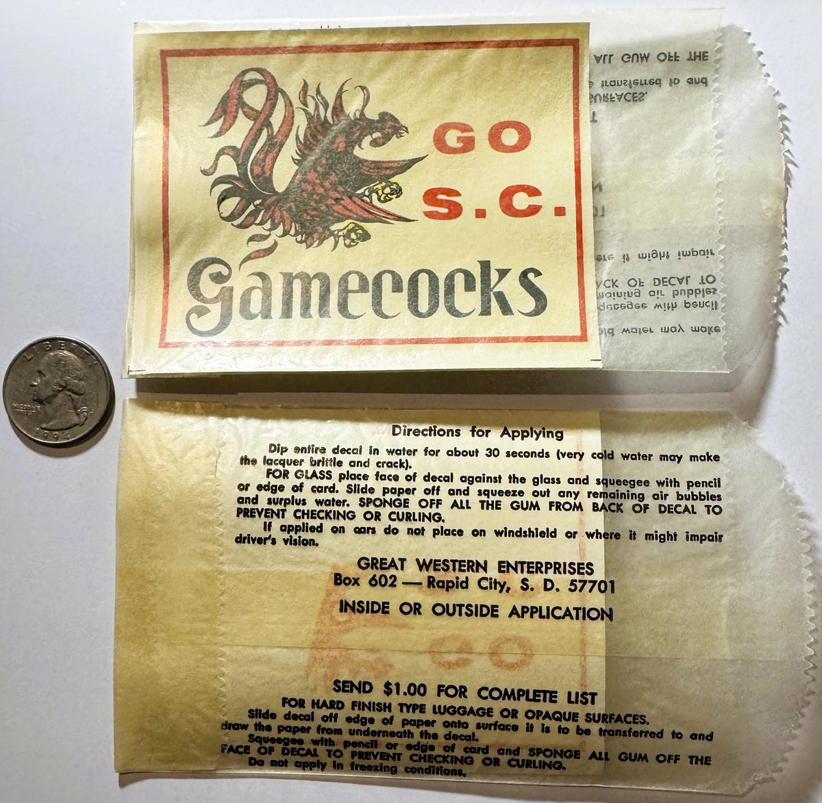 Vintage South Carolina Gamecocks Decal π 1960s NOS Great Western Enterprises Water-Transfer Sticker