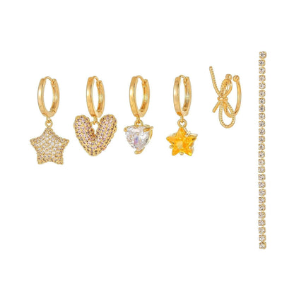 Stacking 6 Pieces Charming Starflower Links Earring Set, 18k Gold Hoop with Drops, S925 Needle, Stacked Lobe Designs with Dazzling Zirconia