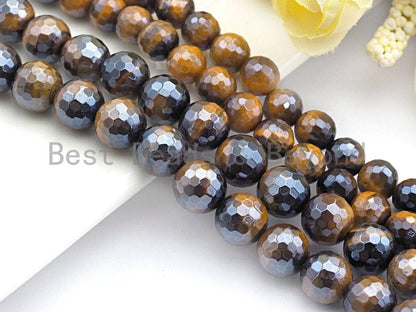 Plated Brown Tiger Eye Attachment Necklace with Large CZ Pave Silver clasp, 18 long, 8mm/10mm beads size, sku#D46