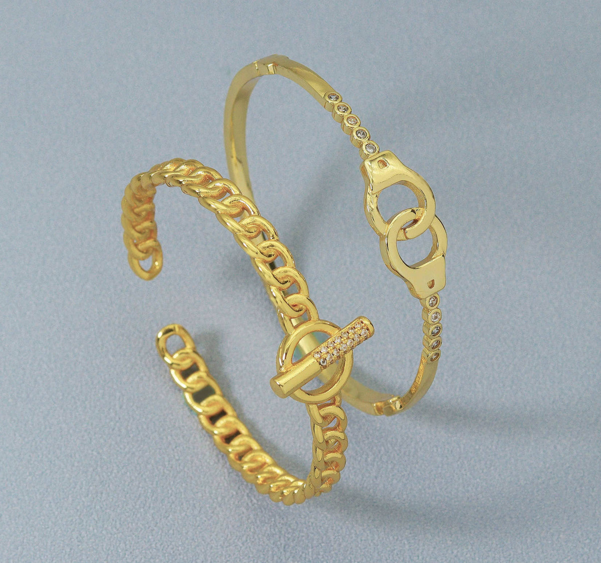 Gold CZ Pave Thin Toggle Handcuff Cuff bracelet, sku#JL118