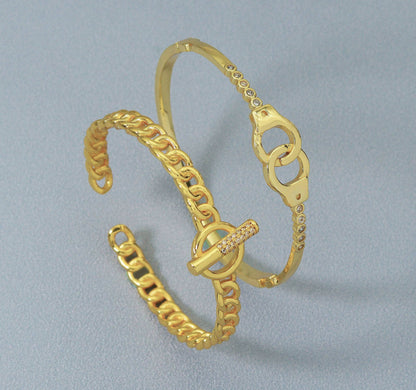 Gold CZ Pave Thin Toggle Handcuff Cuff bracelet, sku#JL118