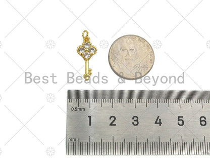 CZ Micro Pave Clover Key Shape Pendant,18K Dainty Gold Charm, Necklace Bracelet Charm Pendant,5x16mm,Sku#JL36
