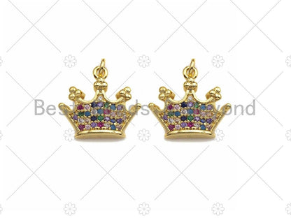 18K Gold Multicolor Micro CZ Pave Crown Pendant, Gold Crown Charm,  Crown Beads, Jewelry Findings, 15x13mm,sku#LK39