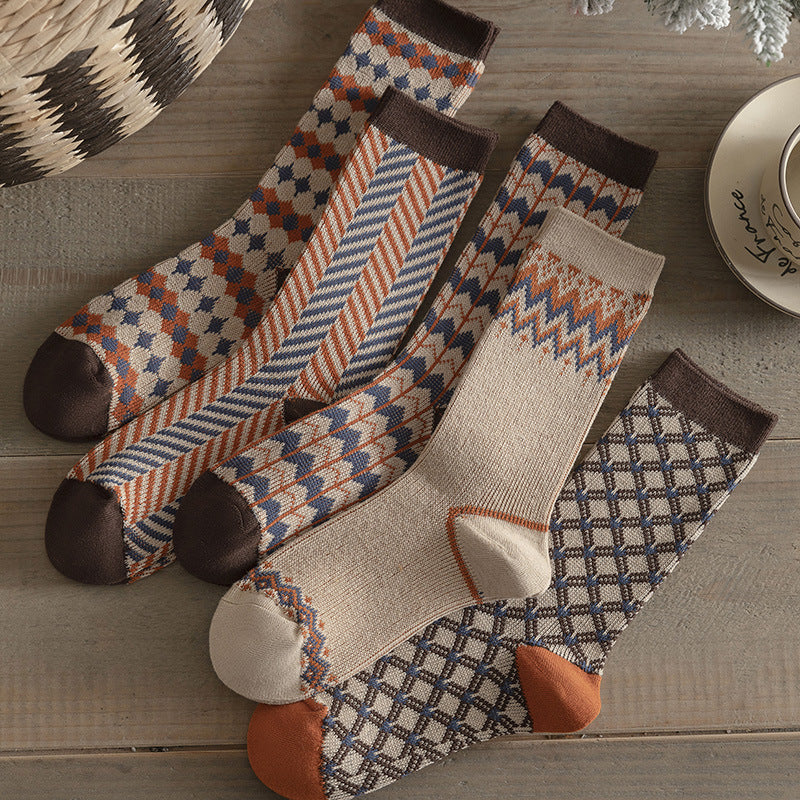 Double-Needle Dual-Channel Sweat-Absorbing Breathable Wireless Top Preppy-Style Mid-Calf Women's Socks