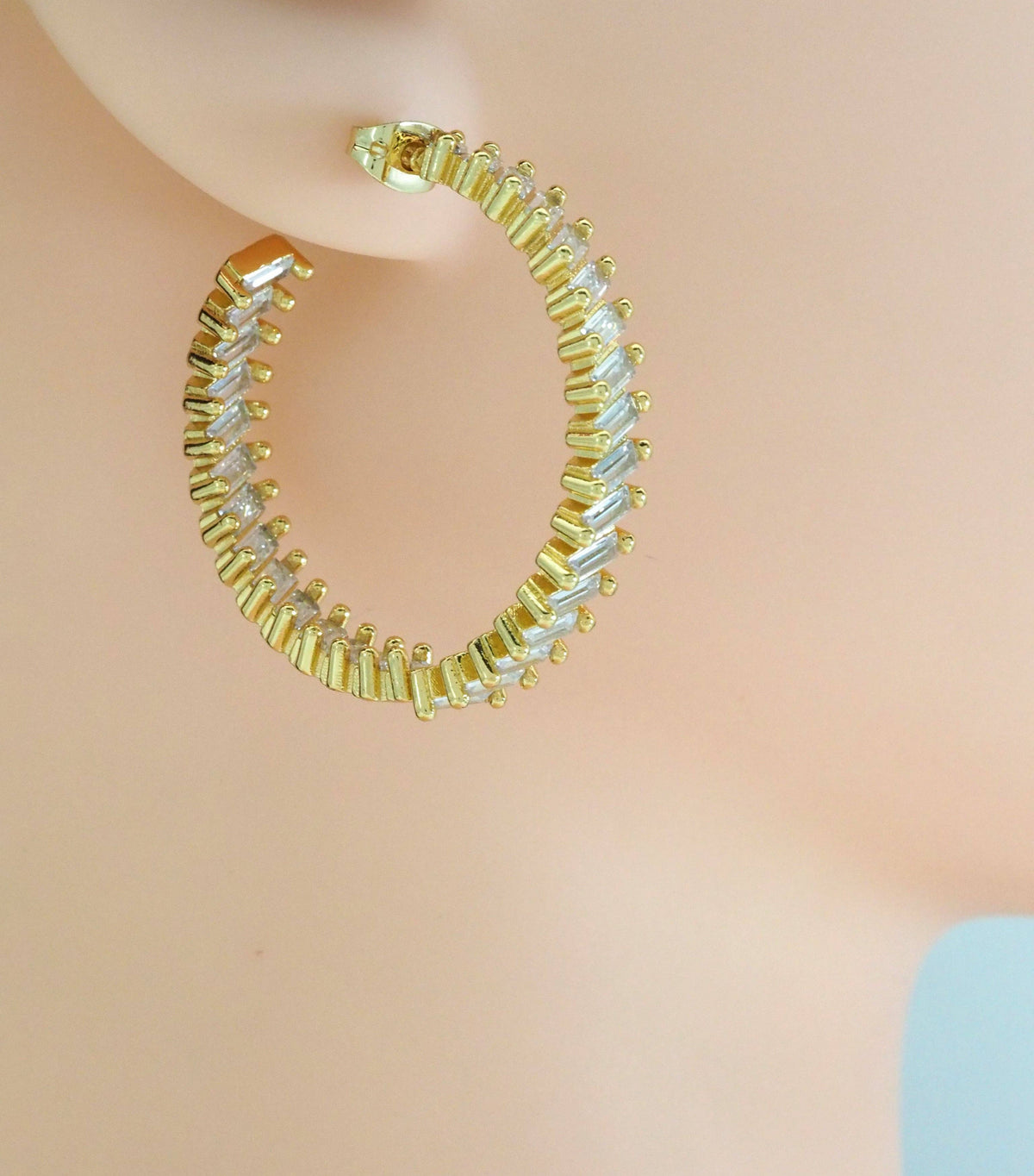 Gold Filled Baguette CZ Hoop Earrings, Sku#LD379