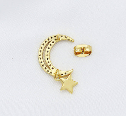 CZ Cresent Moon with Dangle Star Stud Earrings, Sku#LD301