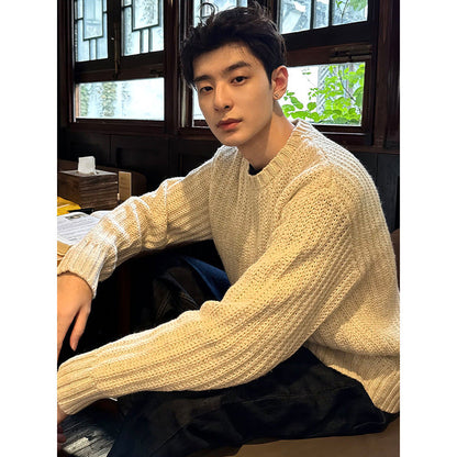 Mens Long-Sleeve T-Shirt American-Style Retro Heavy-Weight Knitted Hooded Sweater