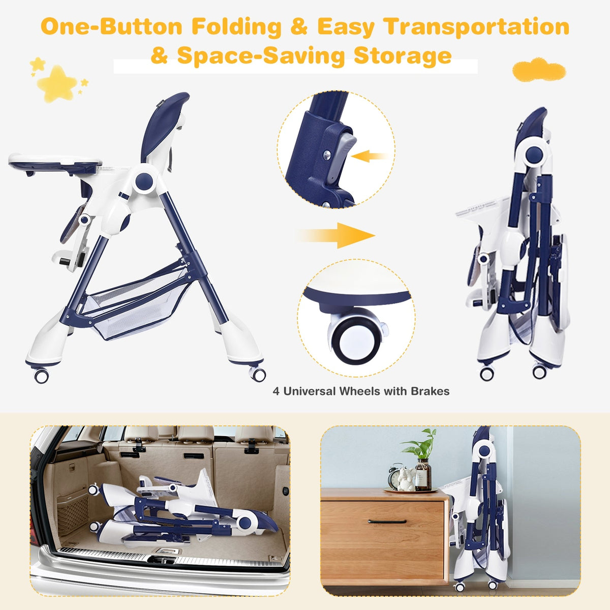 A-Shaped High Chair with 4 Lockable Wheels-Navy