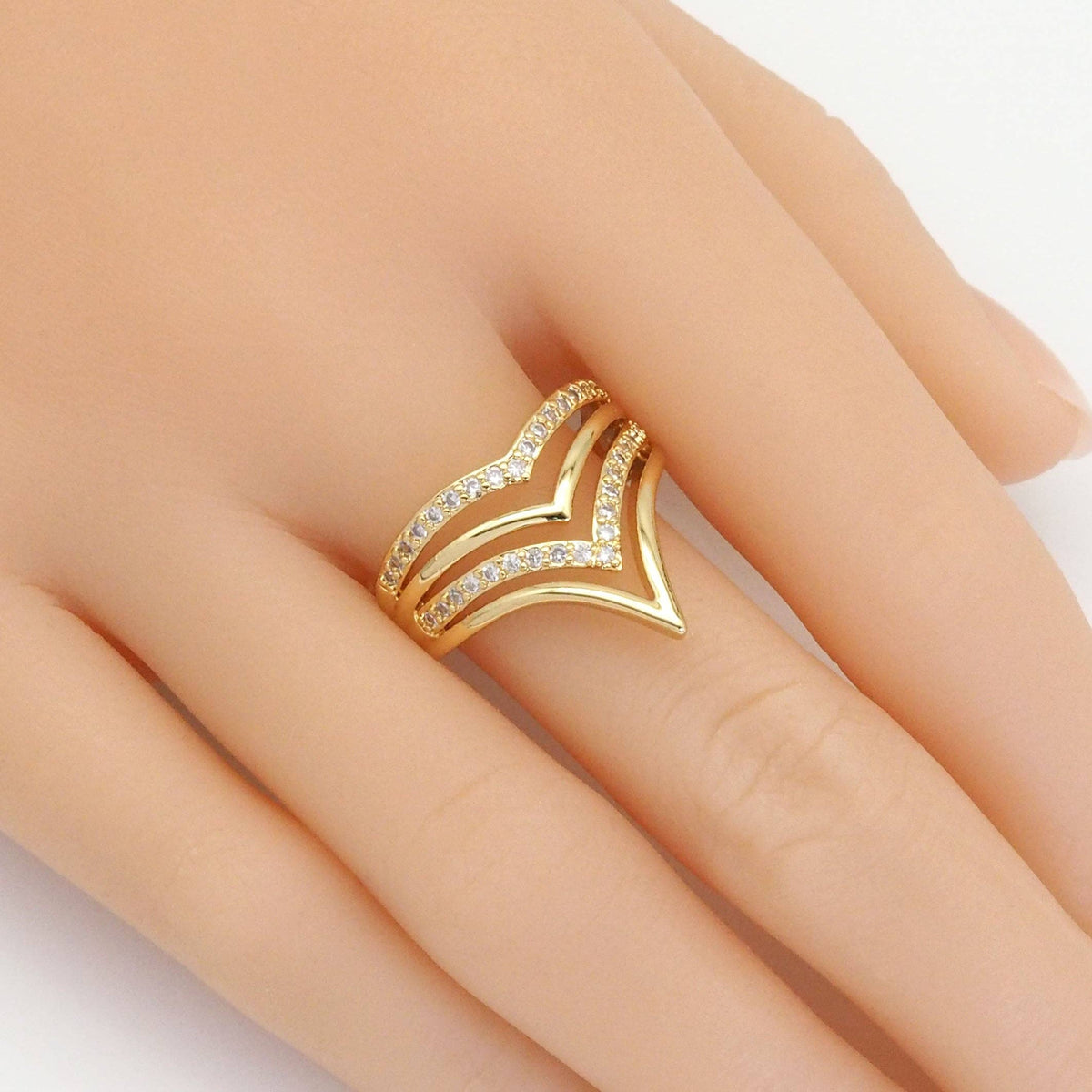 Gold CLear CZ Four Lines Pointed Arrow Adjustable Ring, Sku#LD445