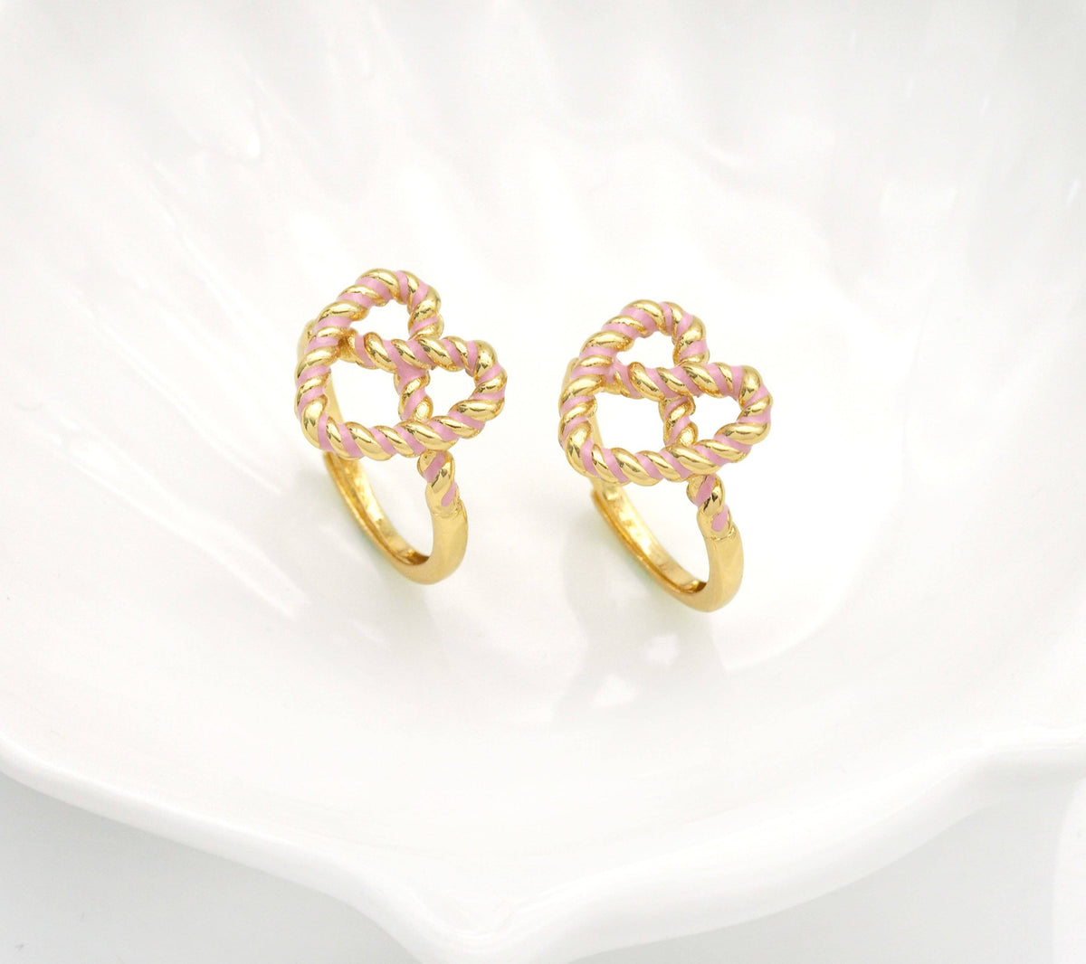 Gold Enamel Pink Twist Heart Adjustable Ring, Sku#B338