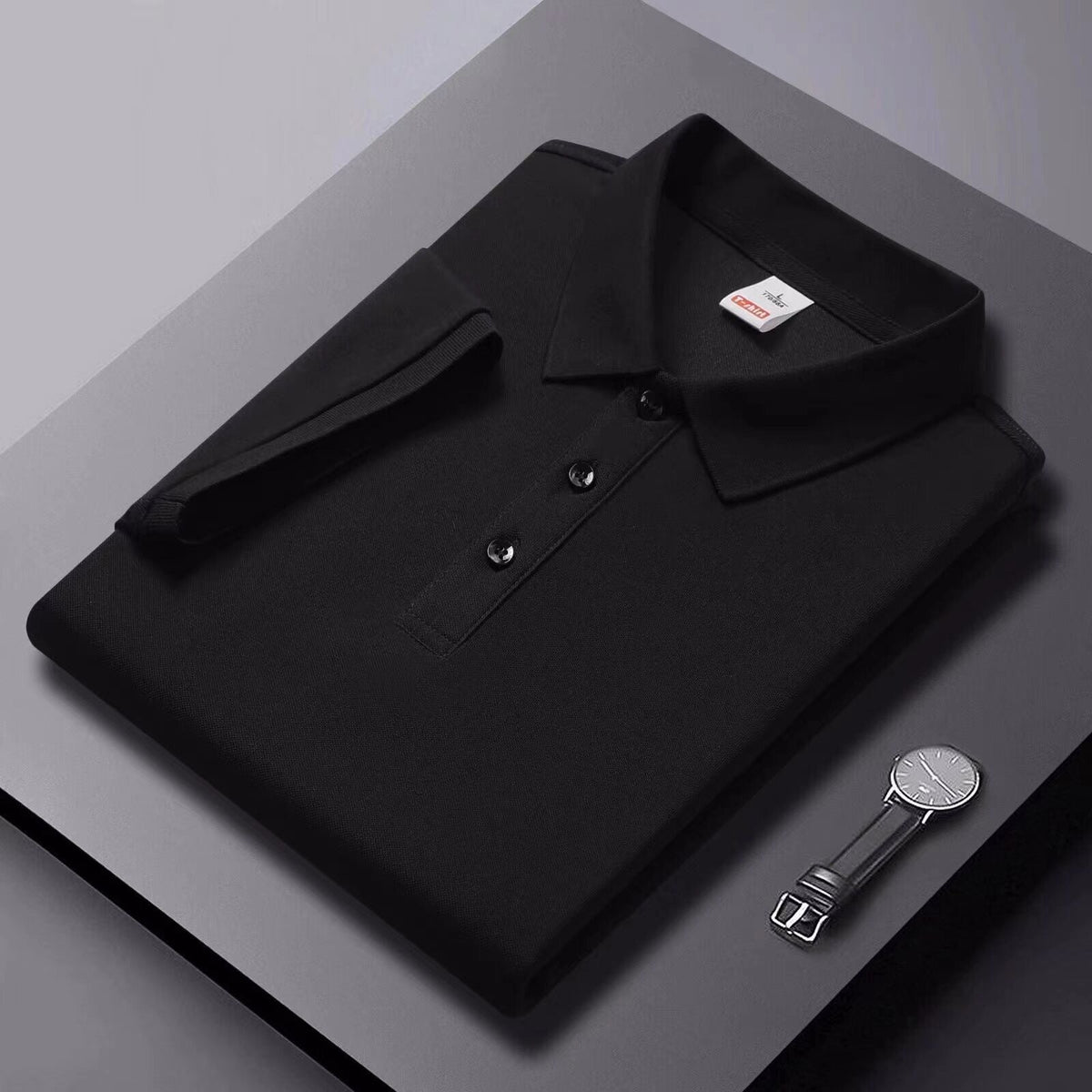 Solid-color Summer Mens Clothing Lapel Half-sleeve High-end Trendy Casual Plain Top
