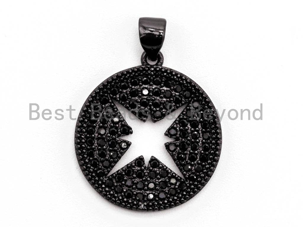 Black CZ Pave On Black Micro Pave Hollow Star Round Pendant/Charm, Cubic Zirconia Pendant, 18x21mm, F374