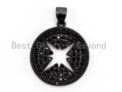 Black CZ Pave On Black Micro Pave Hollow Star Round Pendant/Charm, Cubic Zirconia Pendant, 18x21mm, F374