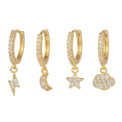 Multi Sets of Chic Star&Moon Earrings, 3-6pcs, 18k Gold Plated Stud Drop Hoop Huggie Cuff Chain, S925 Needle