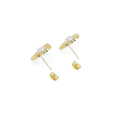 Gold White Pearl Heart Stud Earrings, Sku#LD480