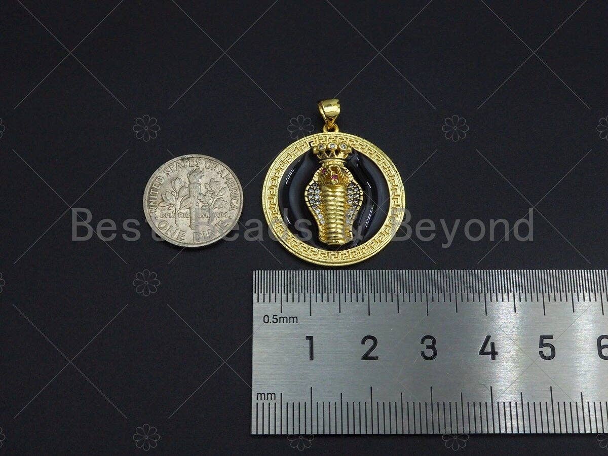 CZ Micro Pave Black/White Gold 3D King Cobra Head Pendant, Snake Medallion Charm, Roman Necklace Charm, Greek Coin Jewelry, 25mm, sku#LK01