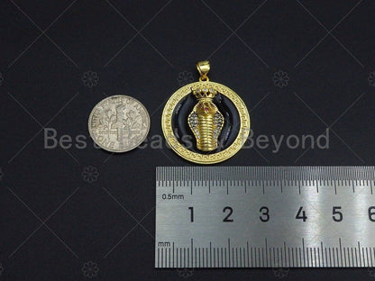 CZ Micro Pave Black/White Gold 3D King Cobra Head Pendant, Snake Medallion Charm, Roman Necklace Charm, Greek Coin Jewelry, 25mm, sku#LK01