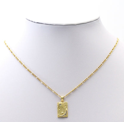 CZ Gold Sun Cresent Moon Star Rectangle Dog Tag Charm, Sku#LK762