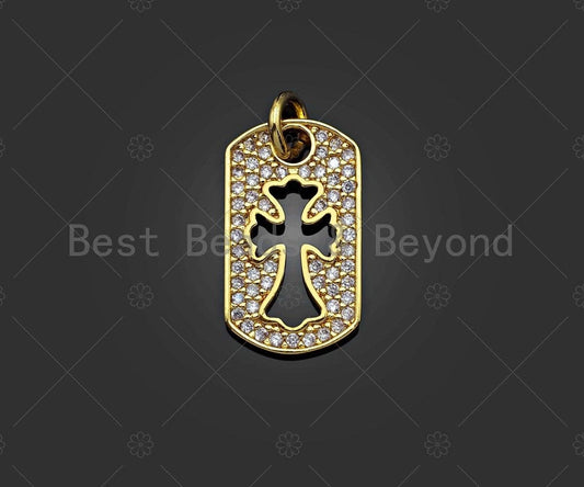 CZ Micro Pave Hollow Out Cross On Rectangle Shape Pendant/Charm,Dainty Medallion Charm, Necklace Bracelet Charm Pendant,10x17mm, Sku#L514