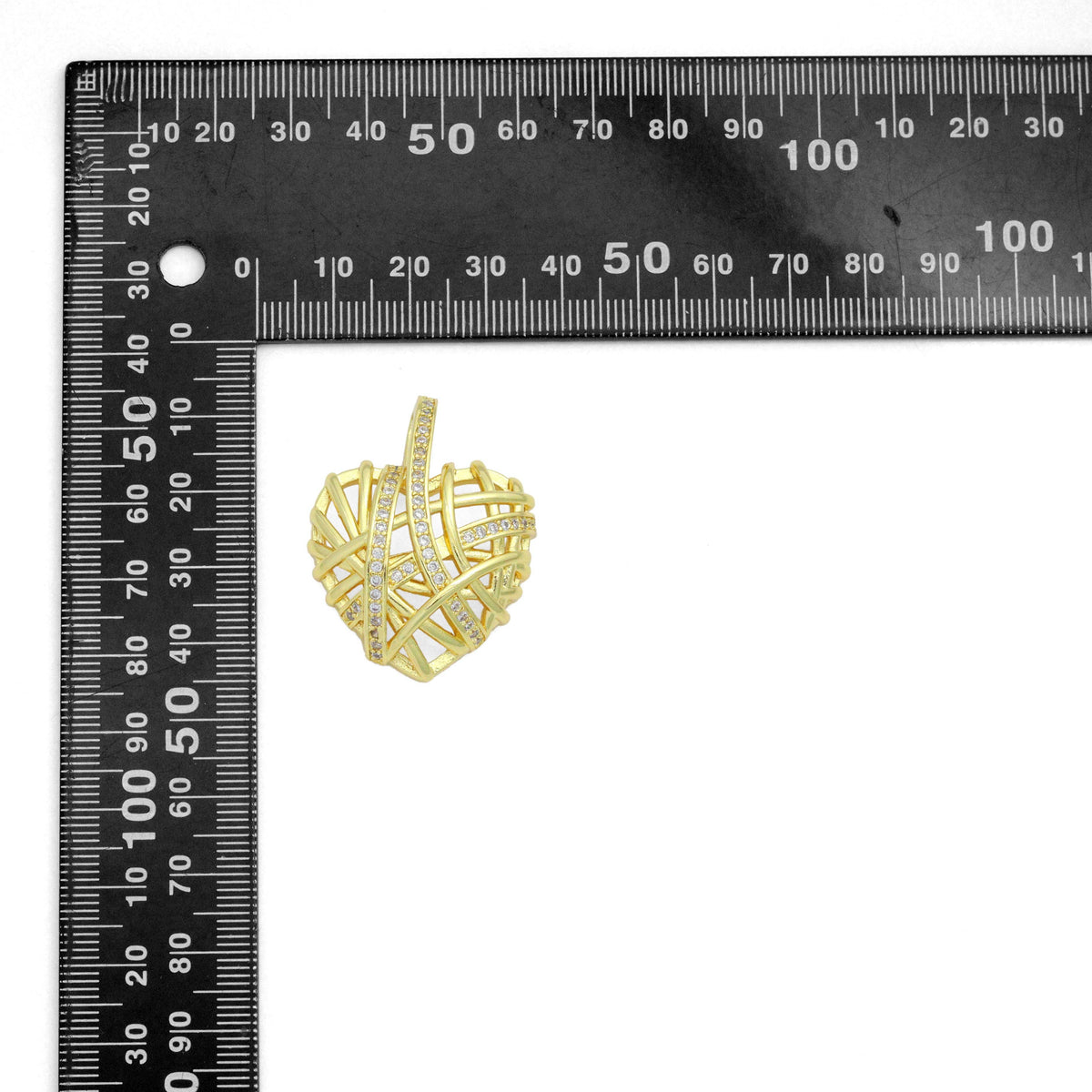 Clear CZ Gold Cage Puffy Heart Charm Pendant, Sku#LD708