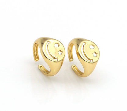 Star Eye Smiley Face Gold Filled Brass Signet Ring, sku#LD153C
