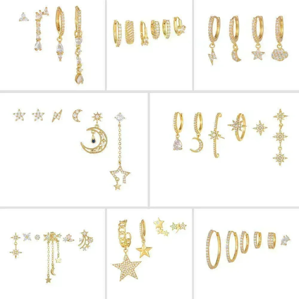 Stacking 5 Pieces Sun & Moon Romance Earring Set, 18k Gold Hoop Stud Drop, S925 Needle, Stacked Lobe Designs with Dazzling Zirconia