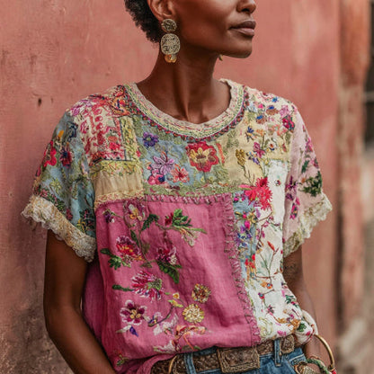 Womens Retro Printed Patchwork Crew-Neck Top