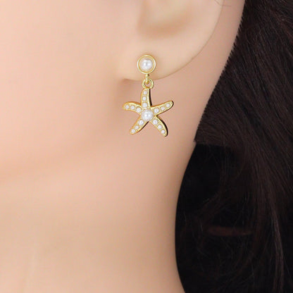 White Pearl Gold Bowknot Star Fish Stud Earring,Sku#LD747