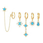 Multi Sets of Blue Flower Pierced Earrings, 4-6pcs, 18k Gold Plated Stud Drop Hoop Huggie Cuff Chain, S925 Needle