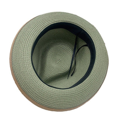 Olive Green Rolled-brim Straw Hat With Bow For Sun Protection Artistic Style For Men And Women