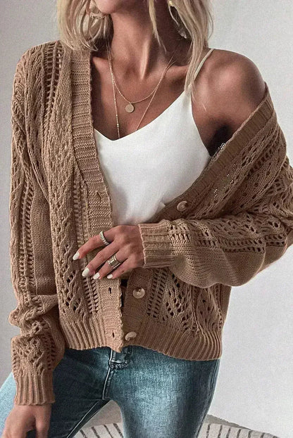 Dark Khaki Cardigan – Open Knit Drop Shoulder Sweater | Cotton-Acrylic Blend