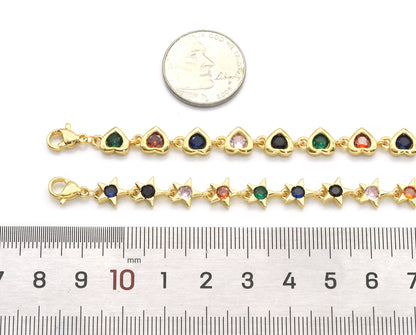 Colorful CZ Gold Star Heart Adjustable Bracelet, Sku#LD372