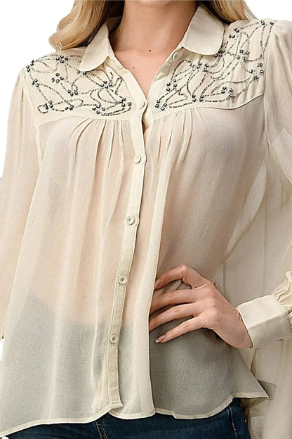 Embroidered Sheer Blouse - Beaded Jewel Trim Button-Up Top | Femstylo