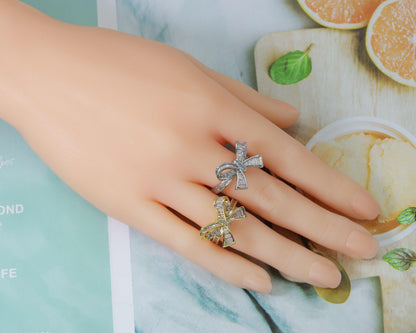 Gold Silver Baguette CZ Bow Shape Ring,Sku#X302
