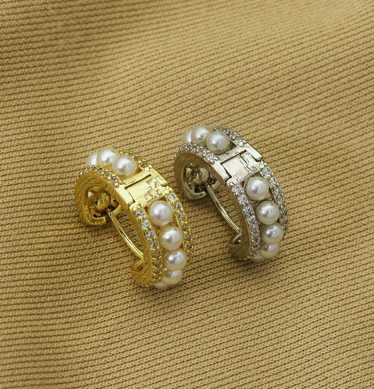 CZ Pearl Huggie Earrings, Sku#B177