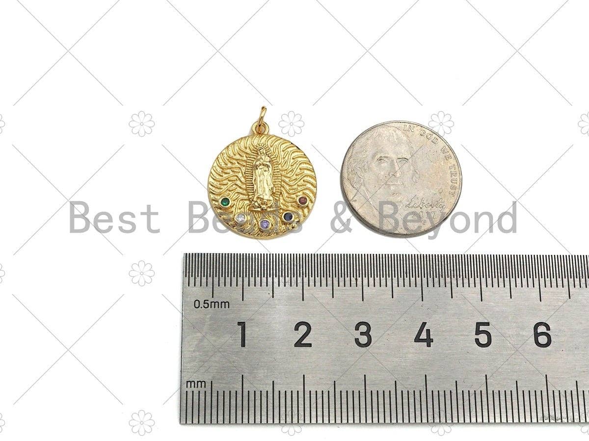 Colorful CZ Micro Pave Virgin Mary On Round Coin Shape Pendant,18K Dainty Gold Medallion Charm, Necklace Bracelet Charm,19x21mm,Sku#JL45