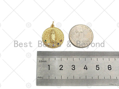 Colorful CZ Micro Pave Virgin Mary On Round Coin Shape Pendant,18K Dainty Gold Medallion Charm, Necklace Bracelet Charm,19x21mm,Sku#JL45