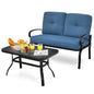2 Pieces Patio Loveseat Bench Table Furniture Set with Cushioned Chair-Blue