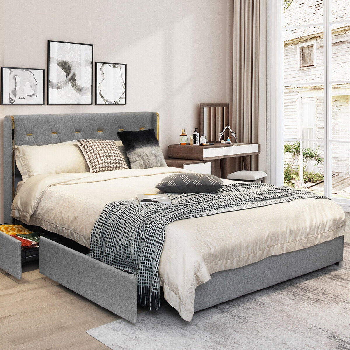 Bed Frame Mattress Foundation with 4 Storage Drawers