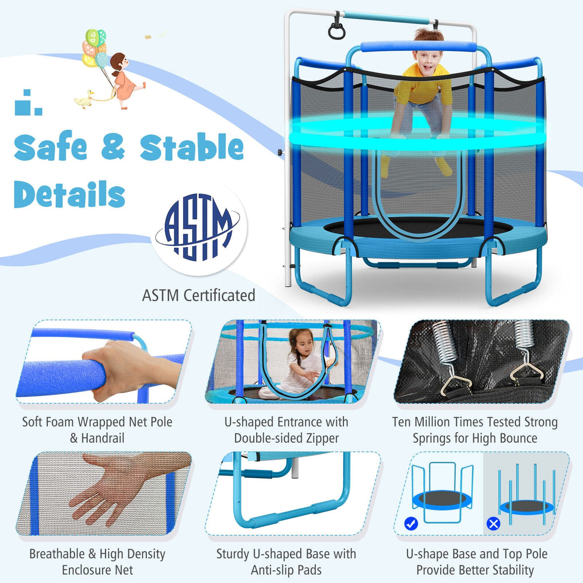 5 Feet Kids 3-in-1 Game Trampoline with Enclosure Net Spring Pad-Blue