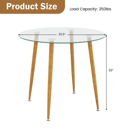 Round Glass Dining Table Leisure Coffee Table with Metal Legs-Natural