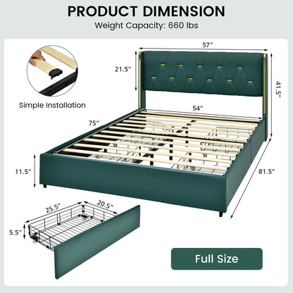 Full/Queen Size Upholstered Bed Frame with 4 Drawers-Green