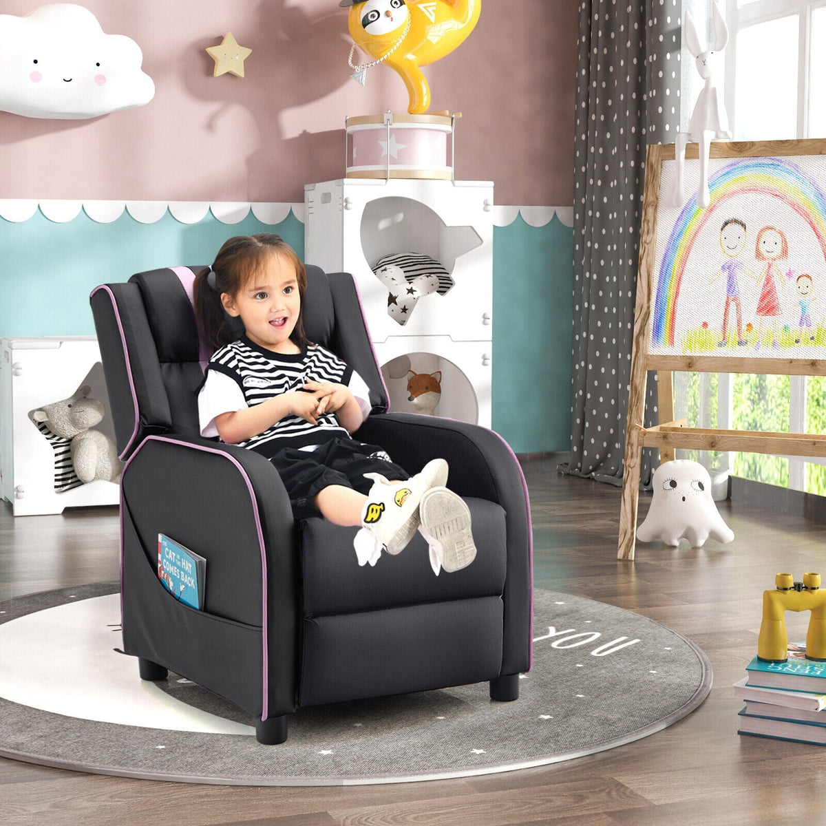Kids Recliner Chair with Side Pockets and Footrest-Pink