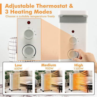 1500W Portable Oil Filled Radiator Heater with 3 Heat Settings