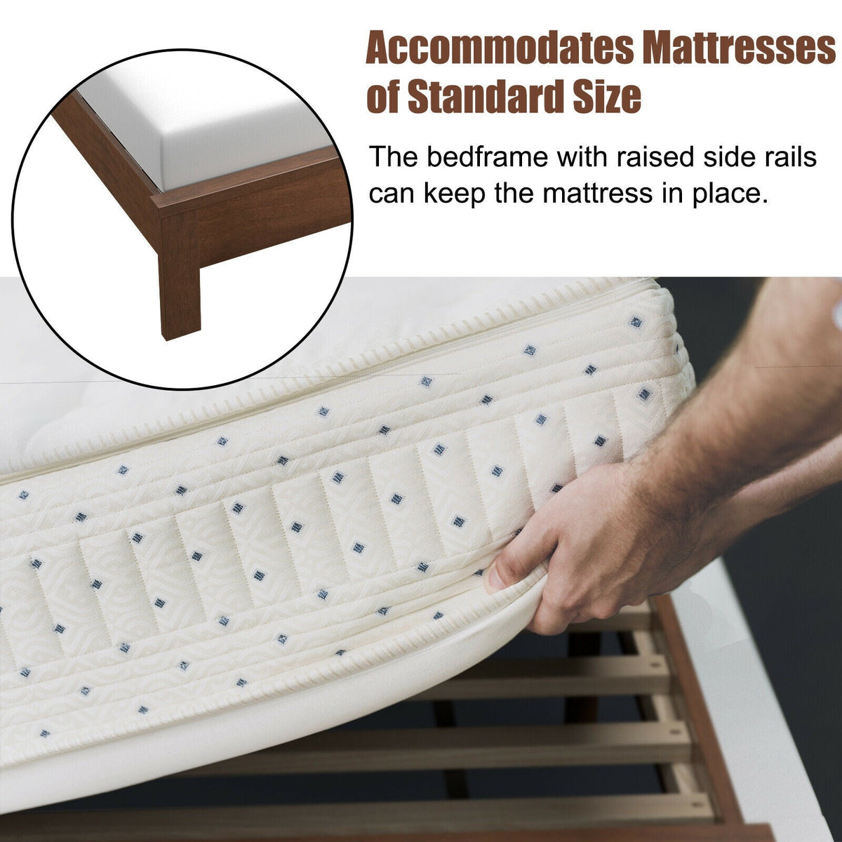 Queen Size Bed Frame Platform Slat High Headboard Bedroom with Rubber Wood Leg
