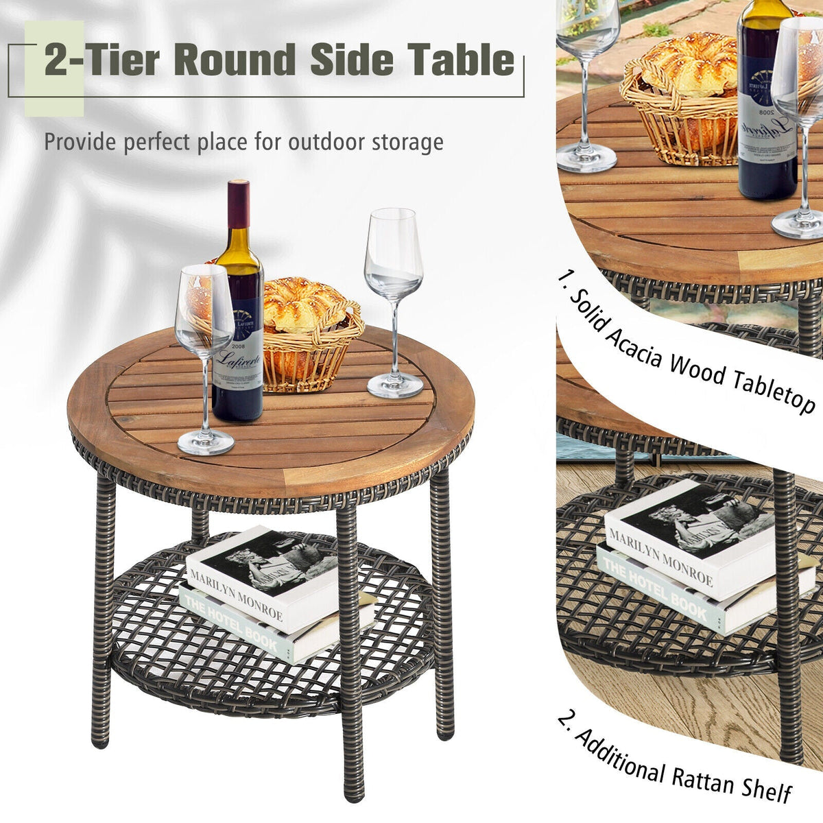 3 Pieces Patio Rattan Furniture Set with Cushioned Sofas and Wood Table Top-White