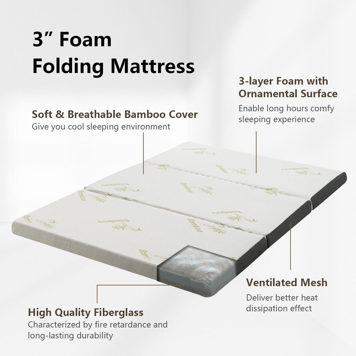 Portable Tri-fold Memory Foam Floor Mattress Topper Portable with Carrying Bag